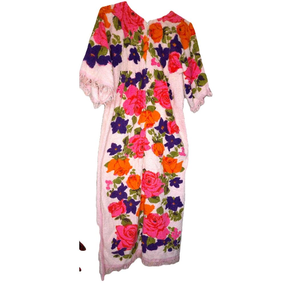 Vtg 1970s Sears Psychedelic Floral Terry Towel Dress Maxi Caftan Boho Maximalist